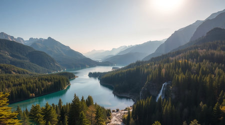 A hidden forest lake glows softly as water from a narrow fall trickles into its colorful basin.の写真素材