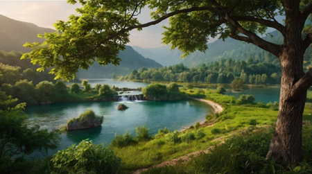 A quiet woodland lake, illuminated by golden sunlight, sits beside a soft-flowing waterfall.の写真素材