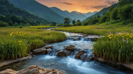 A serene pasture with grazing deer under warm morning light.の写真素材