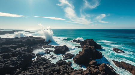 Aerial view of rippling turquoise water meeting volcanic obstacles.の写真素材