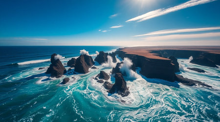 8K drone shot of turquoise water washing over volcanic cliffs.の写真素材