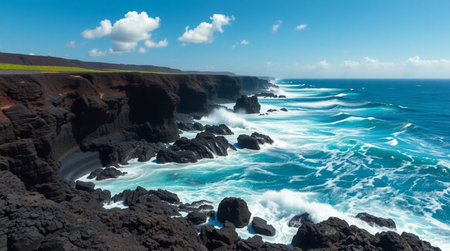 Turquoise waves churning wildly as they hit dark volcanic stone slabs.の写真素材