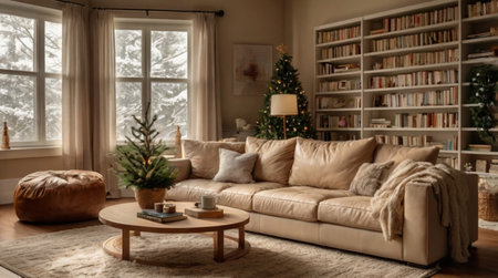 A charming beige-walled living room with a soft glowing holiday tree.の写真素材