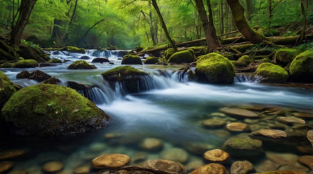 A remote lake with still waters sits surrounded by forest and a distant foamy waterfall.の写真素材