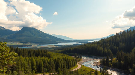 A vibrant forest with a river flowing through it, surrounded by lush greenery and mountainous terrain.の写真素材