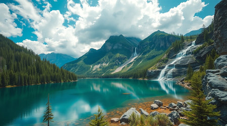 The deep forest opens into a quiet lake with a silver waterfall trickling down moss-covered stones.の写真素材