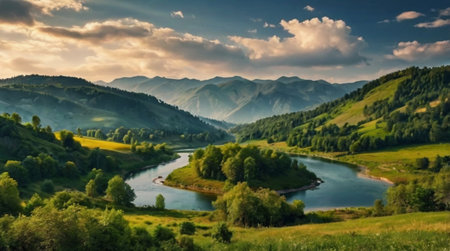 A calm river horizon blending into a pastel sky.の写真素材