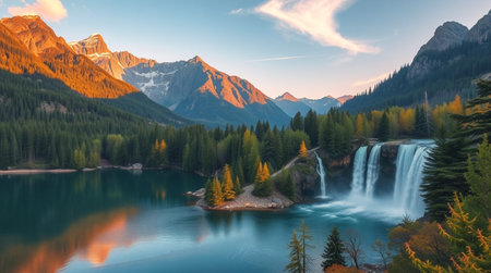 A panoramic 4K view of emerald water meeting dense pine forests and a roaring waterfall pouring from high cliffs.の写真素材