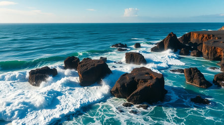 Turquoise shoreline with wave action against volcanic rocks.の写真素材