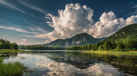 A deep green lake rests peacefully as a waterfall gushes from a moss-covered cliff.の写真素材