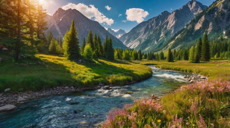 A magnificent glacier stretching beneath towering peaks.の写真素材