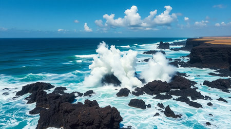 Aerial turquoise sea swirling turbulently around volcanic rock ridges in 8K.の写真素材
