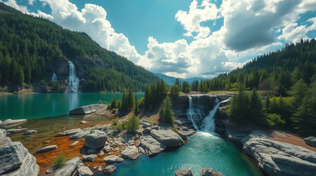 A refreshing waterfall pours into a turquoise lake bordered by thick, untouched forest.の写真素材