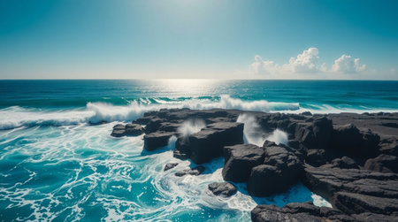 Drone view showing brilliant turquoise waves clashing with dark basalt cliffs.の写真素材