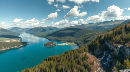 A lively waterfall splashes into a bright turquoise lake alive with forest colors.の写真素材