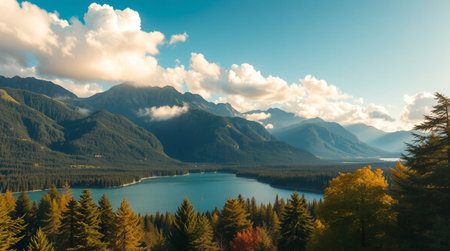 A quiet 4K lakeside moment enhanced by a thin waterfall weaving through forest rocks.の写真素材