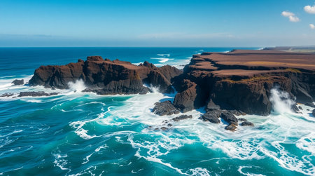 Ultra-realistic shot with intense wave collisions on basalt rock structures.の写真素材