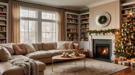 A festive beige-walled room with elegant bookshelves and a glowing Christmas tree centerpiece.の写真素材