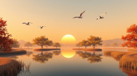 A majestic 4K forest lake features a tall waterfall plunging between moss-covered cliffs.の写真素材