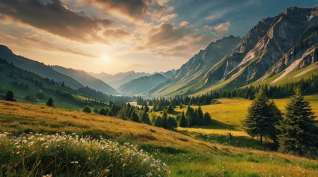 A calm lake rests beneath rugged cliffs with a waterfall plunging into its clear waters.の写真素材