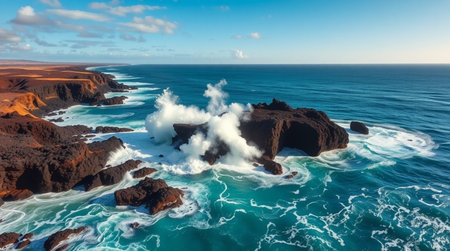 Ultra-realistic splash patterns forming as turquoise waves crash on volcanic terrain.の写真素材