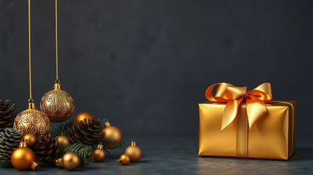 Golden baubles of varied detailing surround a high-end gift box tied with a delicate ribbon in a rich, moody setting.の写真素材