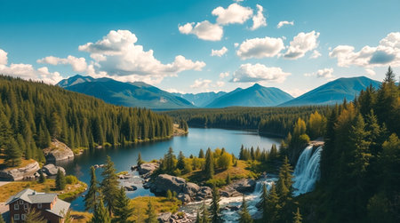 A small forest lake where a waterfall lands onto rocks before meeting the water.の写真素材
