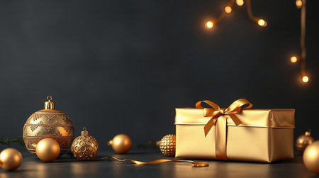 Golden reflections shimmer across the scene as a pristine gift box and ornate baubles contrast beautifully with charcoal grey.の写真素材