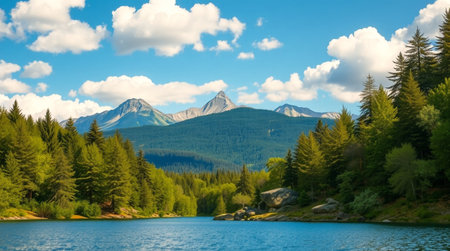 A serene lake sits beneath a cascading waterfall creating soft ripples across its smooth surface.の写真素材