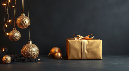 A warm spotlight enhances the shimmer of intricate gold ornaments arranged precisely around a gift box.の写真素材