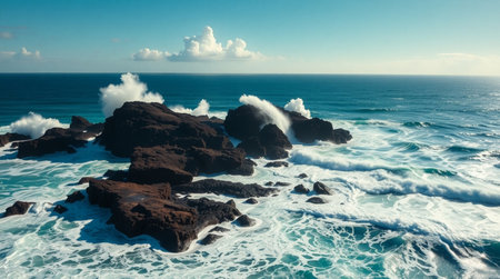 High-altitude 8K view of rolling waves bursting onto lava rock beds.の写真素材