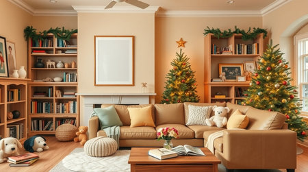 A festive family room with beige tones, a vertical frame mockup, evergreen garland, and a warm film-style glow illuminating the Christmas tree.の写真素材