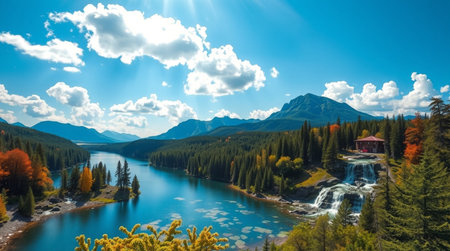 A beautiful 4K shot of a waterfall hidden between dense trees, flowing into a silent lake.の写真素材