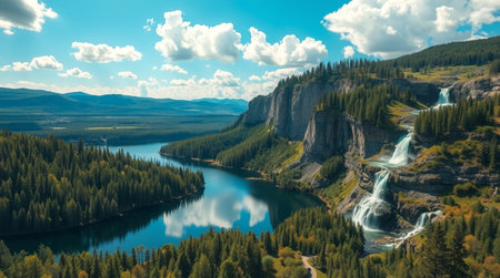 A peaceful 4K capture of forest wildlife near a lake fed by a gentle, shimmering waterfall.の写真素材