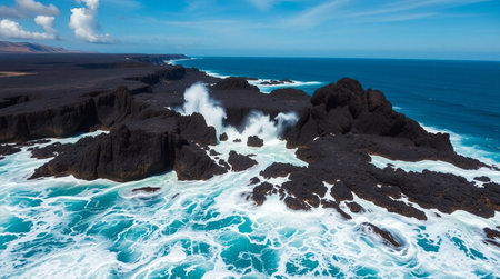 Aerial view of turquoise waves crashing over volcanic rock outcrops.の写真素材
