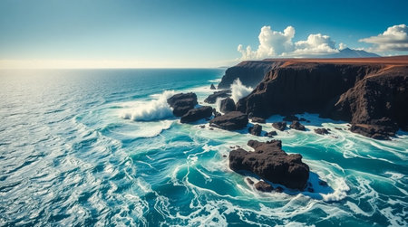 Turquoise water shockwaves captured hitting hardened lava barriers.の写真素材