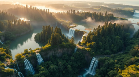 A bright green lake sits beneath a waterfall tumbling through layers of rock.の写真素材