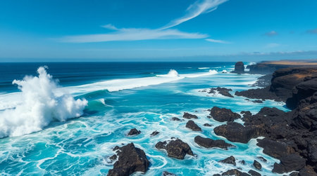 Foamy white water swirling around dark lava formations in a high-definition aerial image.の写真素材
