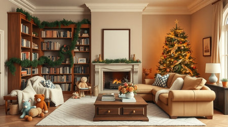 A Christmas-decorated family room with beige tones, toys on the carpet, plush blankets, and golden string lights on the tree.の写真素材