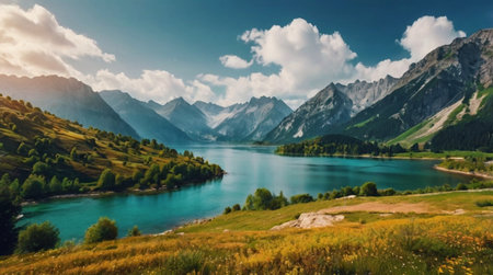 A soft fog settling over a quiet lake at dawn.の写真素材