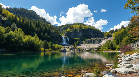 A vibrant forest lake reflecting a large waterfall under soft afternoon sun.の写真素材