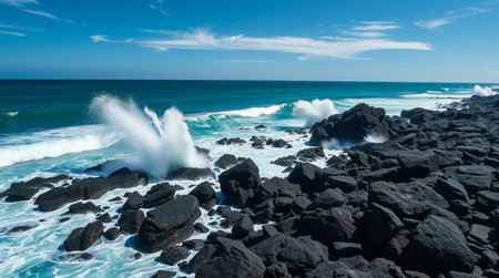 8K drone view showing ocean spray bursting from impact with volcanic rocks.の写真素材