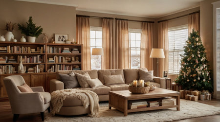 A peaceful room glowing with warm film-style light and festive golden tree decor.の写真素材