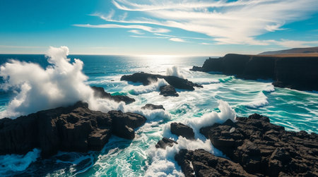 Bright turquoise waters violently crashing into shadowy volcanic cliffs.の写真素材