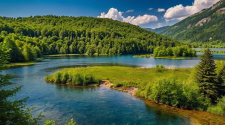 A wide 4K scene showing a waterfall feeding into a large, vibrant forest lake.の写真素材