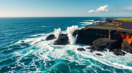 Aerial 8K capture of foamy waves exploding against jet-black basalt ridges.の写真素材