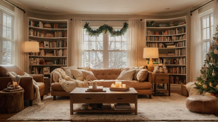 A classic American family room decorated with evergreen garland and soft pastel blankets.の写真素材