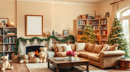 A peaceful holiday living room with evergreen garland, tall bookshelves, and a warm Christmas tree shining in soft film-style light.の写真素材