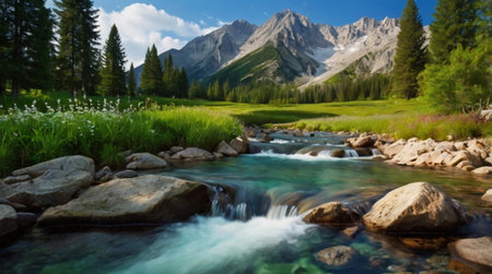 A calm reflective lake surrounded by tall forest trees with a powerful waterfall breaking the silence.の写真素材