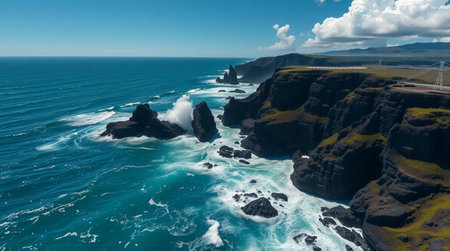 Aerial image of blue waves creating white foam patterns over rocky ridges.の写真素材